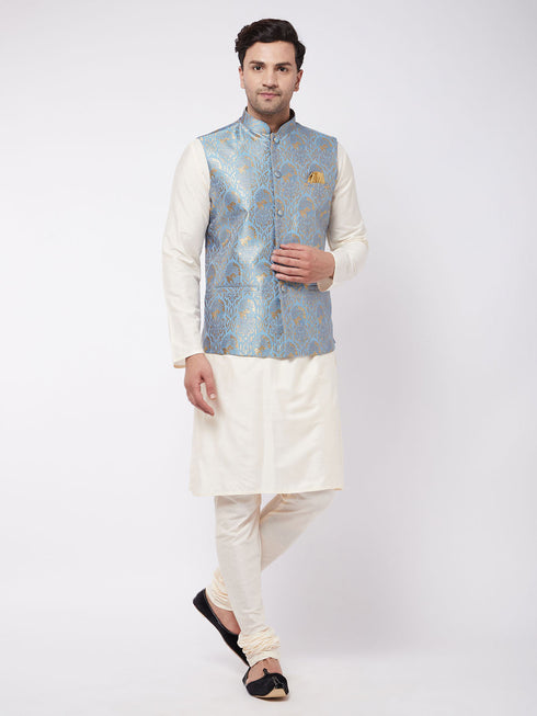 Vastramay Men's Viscose Cream Kurta And Pyjama With Grey Woven Nehru Jacket